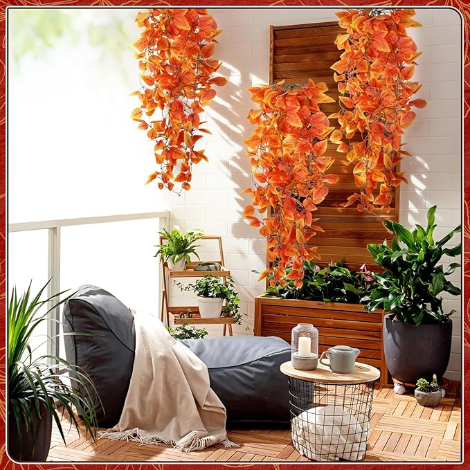2-Pack Fake Hanging Plants, Faux Hanging Plant Artificial Greenery for Living Room Bedroom Boho Wall Shelf Indoor Outdoor Decor (Orange Pothos Ivy Vines)