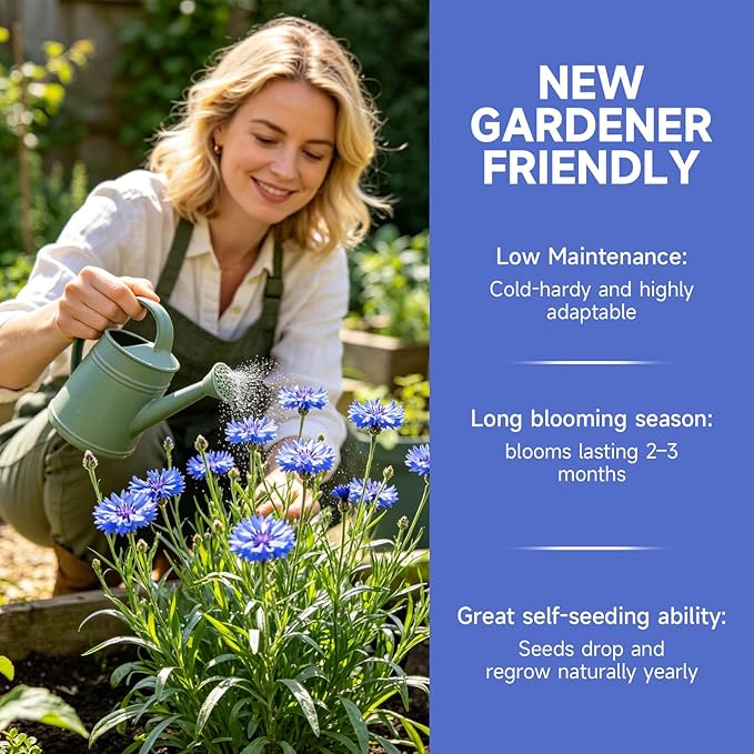 Groundio 6000+ Bachelor Button Seeds Tall Blue, Non-GMO Heirloom Cornflower Seeds, Stunning Blue Wildflower Seeds Easy to Grow, Perfect for Wildflower & Pollinator Gardens (Centaurea cyanus)