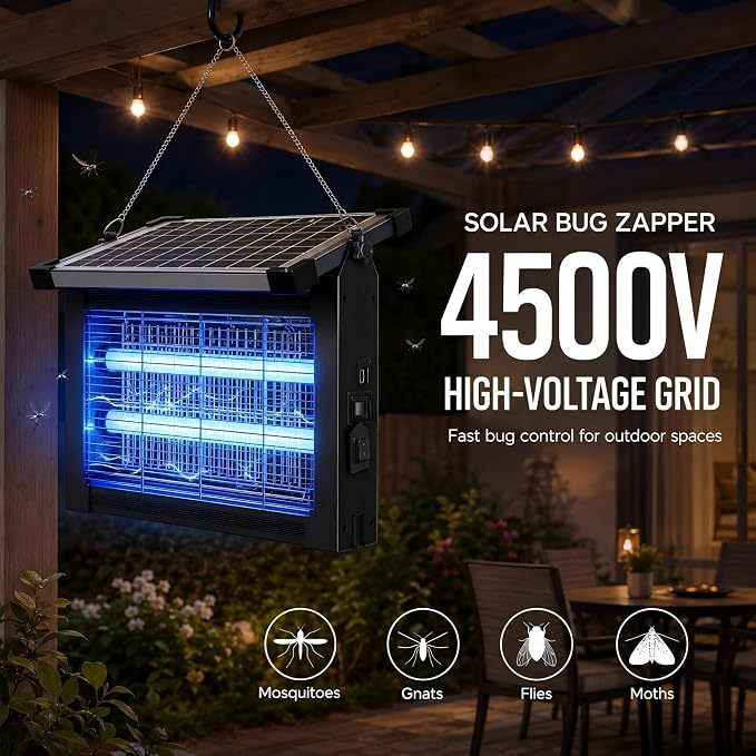 Solar Bug Zapper Outdoor Waterproof, Mosquito Zapper USB-C Rechargeable Solar Bug Zapper Outdoor, 4500V Electric Bug Zapper, Mosquito Trap Fly Zapper Killer for Patio Garden Backyard Camping Garage