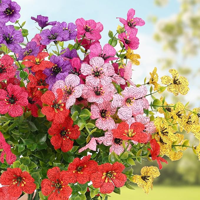 CEWOR 12 Bundles Artificial Flowers for Outdoor Indoor, Fake Silk Daisy with Eucalyptus Leaves, Faux Flower for Garden Front Door Porch Planter Patio Home Decor (6 Multicolor)