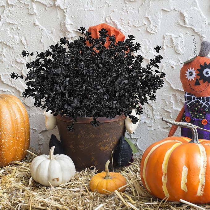 AmyHomie 16 Bundles Black Eucalyptus Artificial Flowers for Outdoor UV Resistant Faux Flowers No Fade Fake Plastic Plants Garden Porch Window Box Decorating