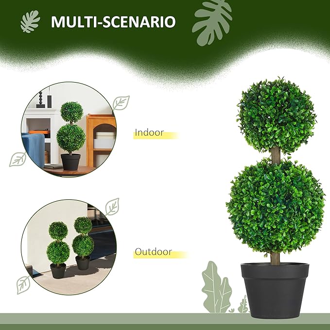 HOMCOM Set of 2 23.6" Artificial Ball Boxwood Topiary Trees with Pot, Indoor Outdoor Fake Plants for Home Office & Living Room Decor
