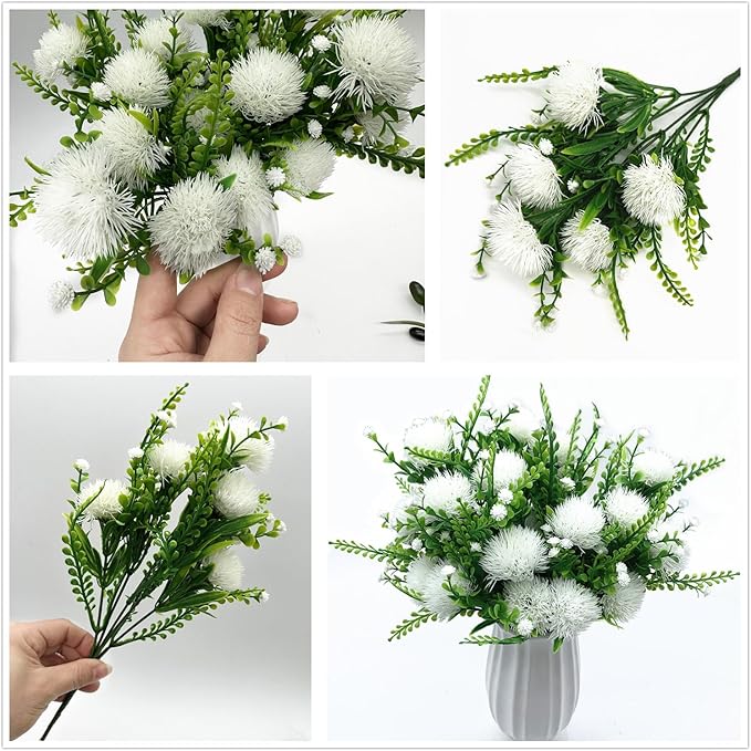Fake White Dandelion Flowers Simulated Ball Flower Ornaments, Artificial Plant Plastic Faux Greenery Indoor Home Decor Outdoor Garden Wedding Party Christmas Vase Planter Filler DIY Decoration 4 Pack