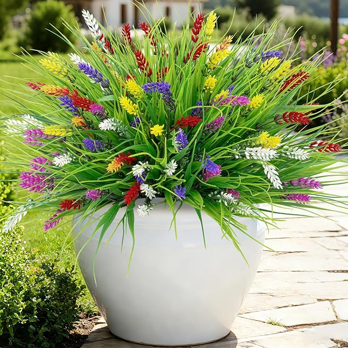 Roberly 24 Bundles Artificial Plants Outdoor, Fake Lavender Flowers UV Resistant Faux Shrubs Plastic Flowers Fake Greenery Plants for Porch Garden Window Box Home Indoor Outdoor Decorations, Mixed