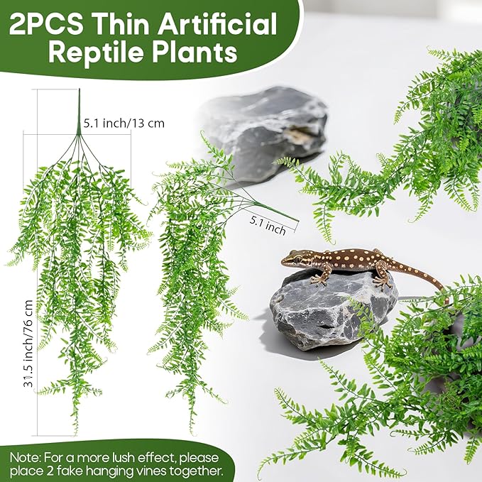 RAINFLOW 2PCS Reptile Plants for Terrarium - Fake Hanging Terrarium Plants, Artificial Boston Fern for Bearded Dragon Snake Geckos Hermit Crab Lizard Chameleon Turtle Reptile Decor(L31.5)