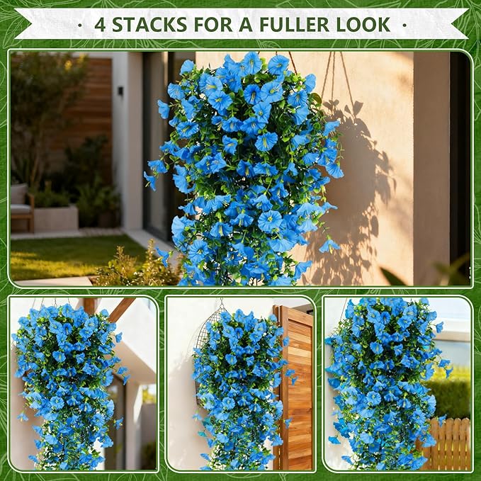 4-Pack Fake Hanging Plants, Faux Hanging Plant Artificial Greenery for Living Room Bedroom Boho Wall Shelf Indoor Outdoor Decor (Blue Morning Glory)