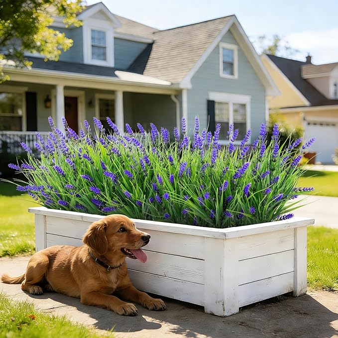 Roberly 24 Bundles Artificial Plants Outdoor, Fake Lavender Flowers UV Resistant Faux Shrubs Plastic Flowers Fake Greenery Plants for Porch Garden Window Box Home Indoor Outdoor Decorations, Purple