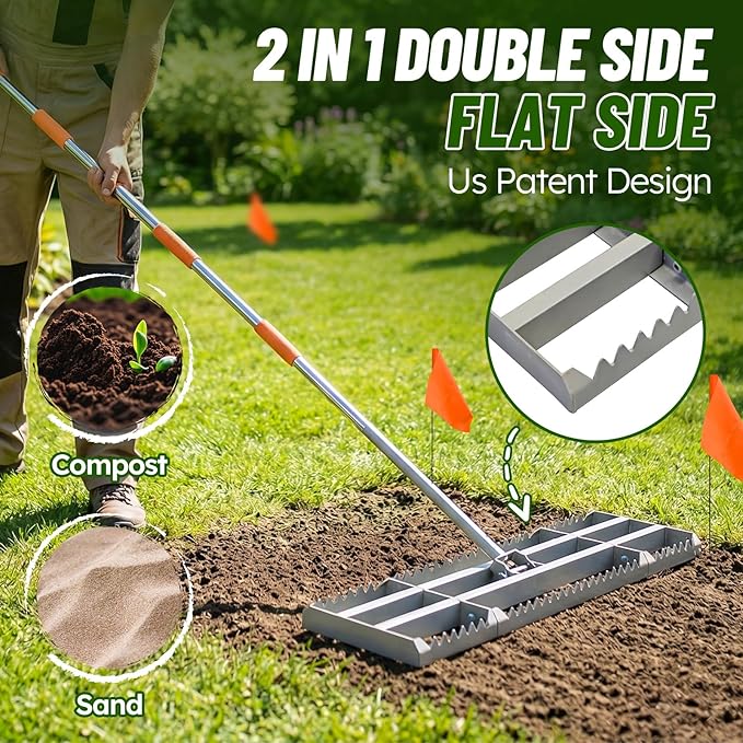 Lawn Leveling Rake 2.0, 2-in-1 Double-Sided Landscape Leveler with 20 Marking Flags for Low Spot, Heavy Duty Stainless Steel Flat & Serrated Side for Soil Sand Gravel, Yard Garden Golf Course 30"×10"