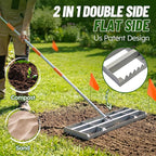 Lawn Leveling Rake 2.0, 2-in-1 Double-Sided Landscape Leveler with 20 Marking Flags for Low Spot, Heavy Duty Stainless Steel Flat & Serrated Side for Soil Sand Gravel, Yard Garden Golf Course 30"×10"