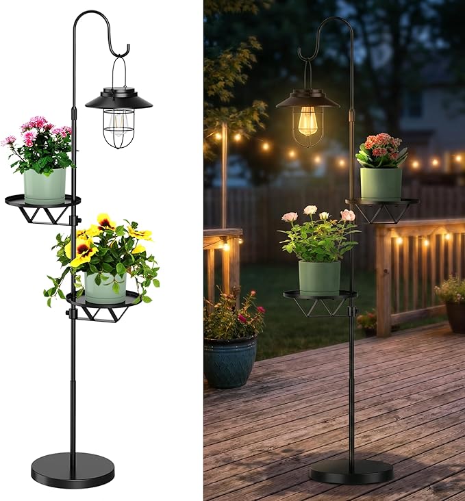 60.62'' Shepherd's Hook Stand Plant with Solar Lantern, Outdoor Floor Lamp, Wind Chime Hanger Stand, Waterproof Metal Adjustable Height Standing Pole Holder & Light for Patio Decor (2 Placement Racks)