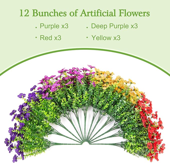 Ammyoo Artificial Flowers for Outdoors Potted Spring Decor, 12 Bundles Fake Summer Daisy with Realistic Eucalyptus Leaves, Faux Plants for Greenery Boxwood Porch Patio Garden Pot Lawn