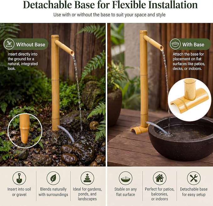 36'' Natural Bamboo Fountain Kit with Adjustable Split-Resistant Spout Quiet Pump and Tubing Japanese Water Feature for Zen Outdoor Patios Landscaping Garden Decor (Traditional)
