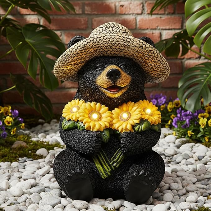 Solar Garden Decor Statues 7.5" Resin Black Bear Figurines with Sunflowers Featuring Straw Hat Waterproof Bear Decor for Outside Yard Patio Porch Decoration Gift for Mom Grandma