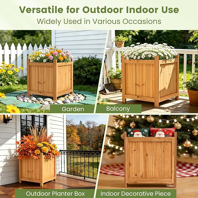 Set of 2 Fir Wood Square Planter Boxes, 18" Extra Large Outdoor Flower Box with Removable Drainage Base & Non-Woven Liner, Rustic Wooden Planters for Patio Garden Balcony, Wood Bucket Planter