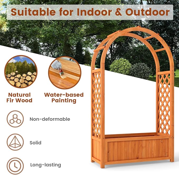 Giantex Raised Garden Bed with Arch Trellis, for Climbing Vine Flower Vegetable, Wood Planter Box with Liner & Drainage Design, Outdoor Plant Container for Yard Balcony (33"x14"x58")