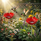 24" Handmade Metal Flower Garden Stake Bird Bath - Detachable Anti-Slip Bee Watering Station & Butterfly Puddler - Rustic Outdoor Art, Garden Gift for Bird Watchers, Mom & Seniors (Red 2pcs)