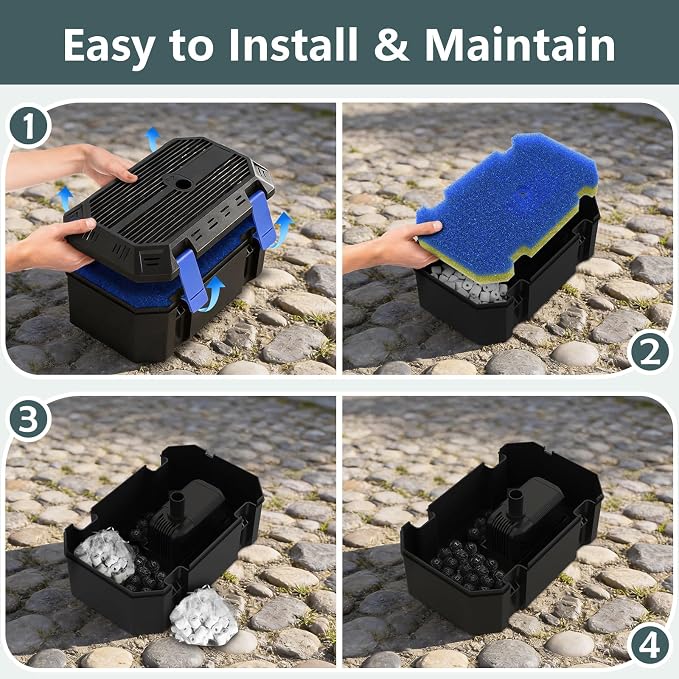 All-in-1 Pond Waterfall Kit | 35W 550GPH Pond Filter Pump with 8" Stainless Steel Spillway | Remote Control LED Lights | 4-Stage Filtration System for Backyard Garden & Outdoor Water Feature