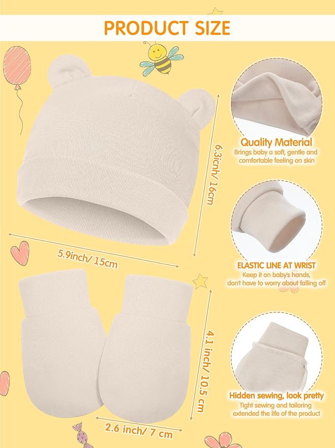 Geyoga 12 Pieces Newborn Hat Mittens Gloves Set Baby Boys Girls Cotton Baby Beanie for 0-12 Months