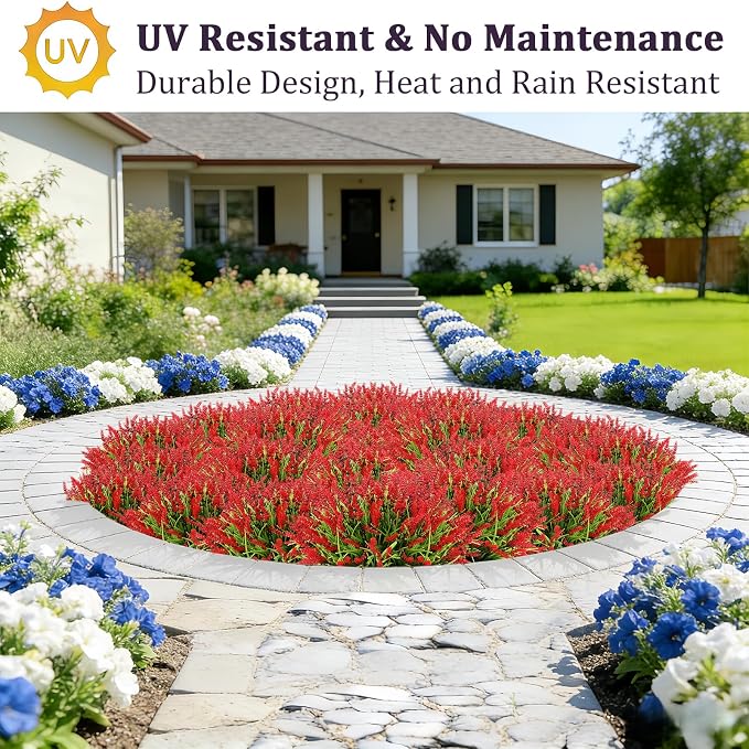 Faux Flowers for Outdoor Planters – 20 Bundles Fake Plants Outdoor, UV Resistant Artificial Plants & Flowers with Fake Monkey Grass, Faux Outdoor Plants for Porch Patio Garden Decor
