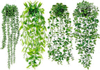 Palonu 4 Pack Faux Artificial Hanging Plants, Fake Potted Greenery with Eucalyptus Vine, Mandala, Pea Pod Leaves & String of Pearls in Pots for Office, Living Room, Bathroom, Indoor & Outdoor Décor
