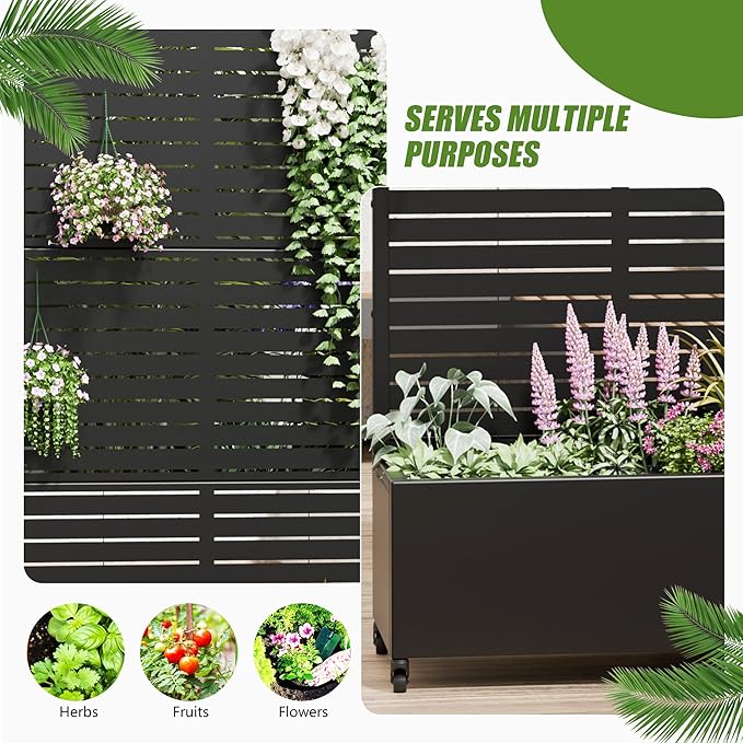Casaphoria Metal Raised Garden Bed with Trellis and Wheels, 72"x47"x16" Planter Box for Climbing Plants, Vegetables & Vines, Features Drainage Holes and Privacy Screen (Black-Louver)