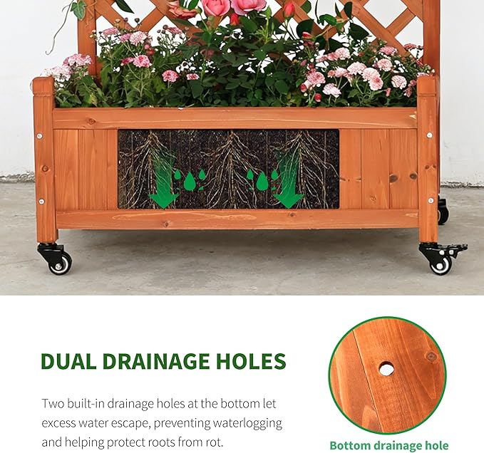 2 Pcs Wooden Planter Boxes with Trellis: Four Universal Wheels for Easy Mobility, 37.6" H x 27.5" W x 13" D,Perfect for Outdoor Climbing Plants on Patios, Balconies & Gardens