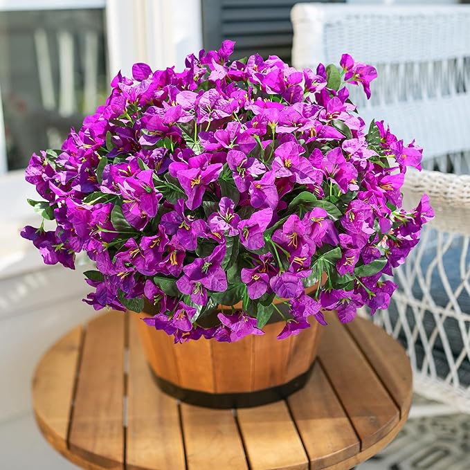 Fake Bougainvillea Artificial Flowers for Outdoors Spring Summer Decor, 4PCS Bougainvillea Outdoor Faux Plants Realistic Silk Flowers for Outside UV Resistant for Planter Patio Window Garden, Purple