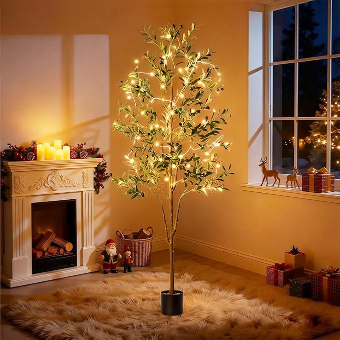 Olive Tree, 6FT Tall Faux Olive Tree with Moss and Planter, Olive Trees Artificial Indoor with Realistic Wood Trunk and Lifelike Fruits, Fake Olive Tree for Home Office Living Room Decor