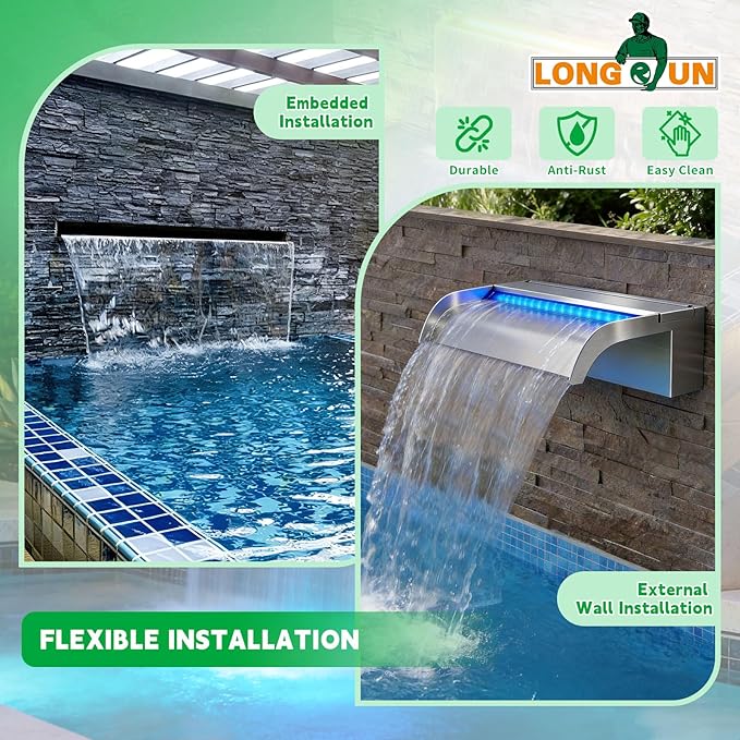 with lid Waterfall Pool Fountain, LONGRUN Stainless Steel Waterfall Spillway for Pools and Ponds - 35.4" Wide Decorative Water Feature for Swimming Pools, Koi Ponds and Garden