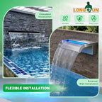 with lid Waterfall Pool Fountain, LONGRUN Stainless Steel Waterfall Spillway for Pools and Ponds - 23.6" Wide Decorative Water Feature for Swimming Pools, Koi Ponds and Garden