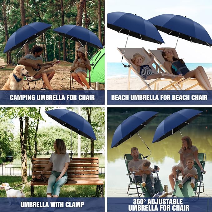 2 PACK Beach Umbrella with Clamp, 360 ° Adjustable Umbrellas for Chair, UPF50+ Umbrella for Beach Chair, Patio Chair, Wheelchair, Camping Chair, Golf Carts (Chair Not Included)
