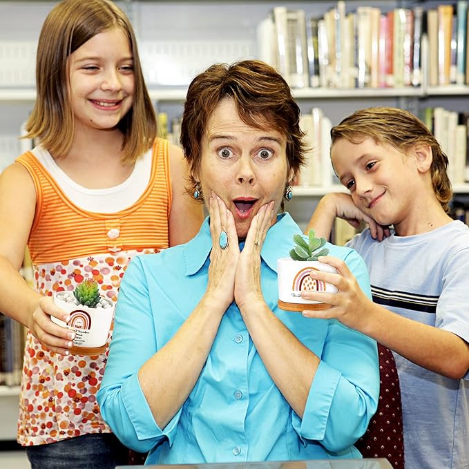 Sieral 6 Pcs Teacher Appreciation Gift Bamboo Pot Mini Ceramic Succulent Planter Pots with Bamboo Tray Gardening with Drainage Hole Thank You Gifts for Women Men Birthday Gift for Teacher