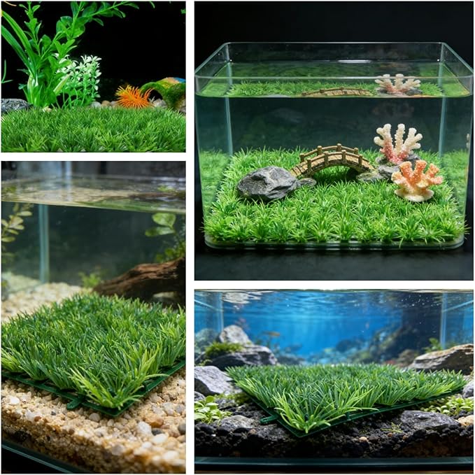 Aquarium Decor Artificial Plastic Lawn Grass,4PCS 9 inches Fish Tank Decorations, Easy Install Green Plants for Aquariums and Hermit Crab Climbing Habitats with 16 Suction Cups