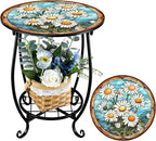Outdoor Side Table Round Small Mosaic Patio Accent Indoor End Plant Coffee Tea Table for Yard Patio Porch Garden Living Room, Bedroom(Daisy Style,14 Inch)