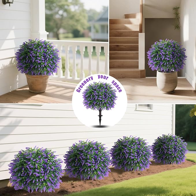 Artificial Lavender Topiary Ball Trees with Ground Spike, Set of 2 UV Resistant Artificial Shrubs, Fake Evergreen Artificial Plant Bush for Indoor Outdoor Front Porch Garden