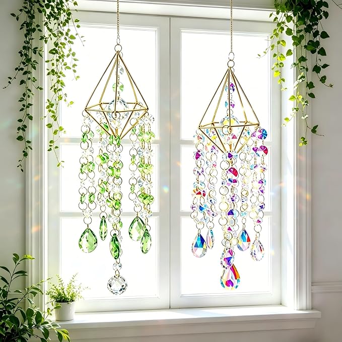 2 Sets Crystal Suncatcher Wind Chimes for Window Hanging, Rainbow Prism Crystal Sun Catchers Indoor Hanging Decor for Home, Garden, Plant & Wedding (AB Green)
