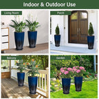Set of 2 Lightweight Ceramic-Look Tall Planter, 21 inch Large Plastic Planter with Drain Hole & Saucers, Large Outdoor Planters for Porch, Garden, Patio, Balcony(Dark Blue)
