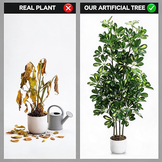 Garvee Artificial Umbrella Tree Plant, 4 ft Tall Faux Schefflera Tree in Black Pot, Large Fake Potted Decorative Plant for Indoor Home Office Decor, Housewarming Gift