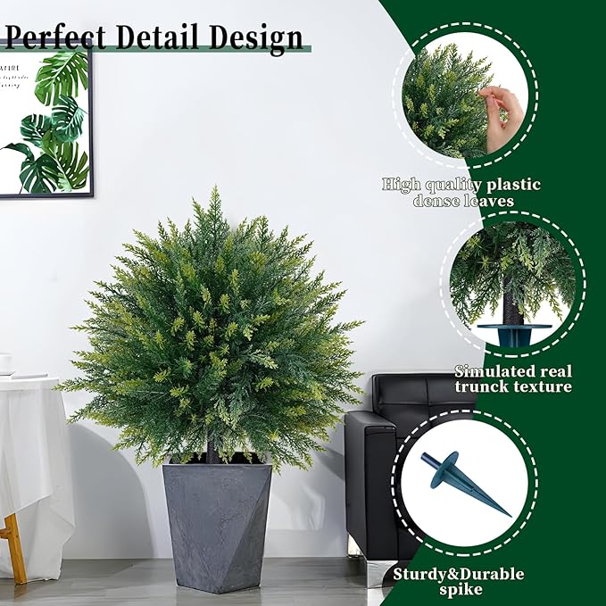 2 Pack Artificial Cedar Topiary Trees with Ground Spike, Fake Pine Shrubs Bushes, UV Resistant Faux Evergreen Cypress Tree Plants for Indoor Outdoor Planters Front Porch