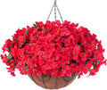 Artificial Fake Hanging Flowers for Outdoors Basket Spring Decor, Bougainvillea Faux Hanging Plants Outdoor Silk Flower in Planter Look Real UV Resistant for Outside Porch Patio Garden Yard Home, Red