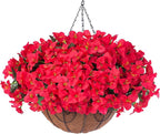 Artificial Fake Hanging Flowers for Outdoors Basket Spring Decor, Bougainvillea Faux Hanging Plants Outdoor Silk Flower in Planter Look Real UV Resistant for Outside Porch Patio Garden Yard Home, Red