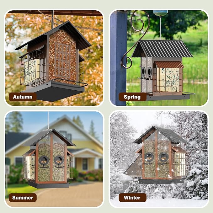 FlowaFoli Bird Feeders for Outdoors, Metal Bird Feeder with Double Suet Cage Weatherproof Metal Roof, 2 in 1 Mixed Seeds Suet Feeder, 4Lbs Large Capacity, Great for Finch、Cardinal、Chickadee（Brown）