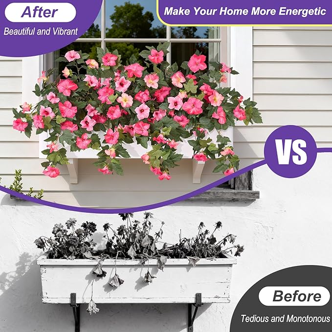 Ammyoo Artificial Fake Petunia Flowers for Outdoor Decoration, 2PCS Faux Silk Petunias Flower for Spring UV Resistant No Fade Realistic Plants for Garden Balcony Yard Porch Indoor Decor(Double Pink)