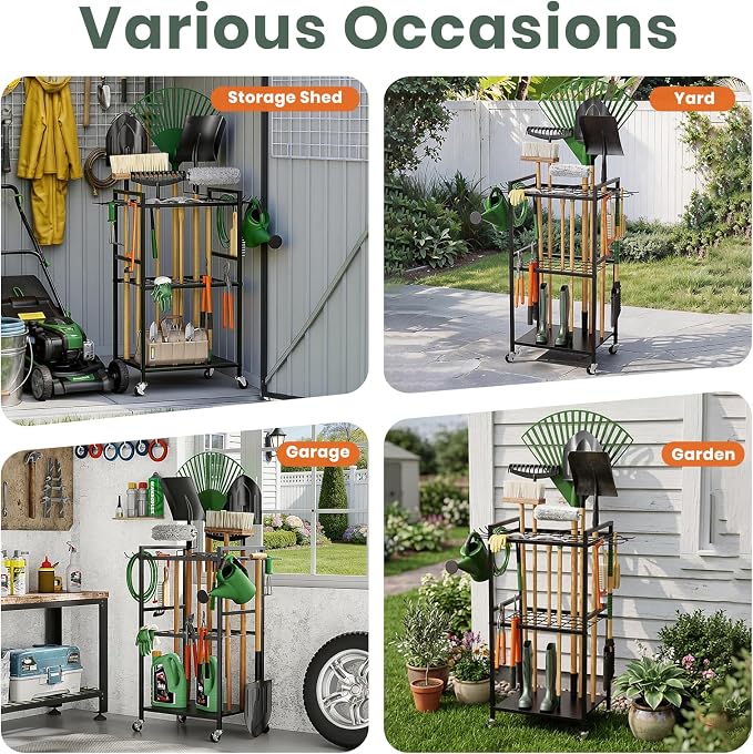 SPACECARE Garden Tool Organizer with Wheels, Yard Tower Rack for Garage Organization and Storage, Up to 35 Long-Handled Tools/Rakes/Brooms, Heavy Duty Steel Garden Tool Stand for Shed, Outdoor, Black