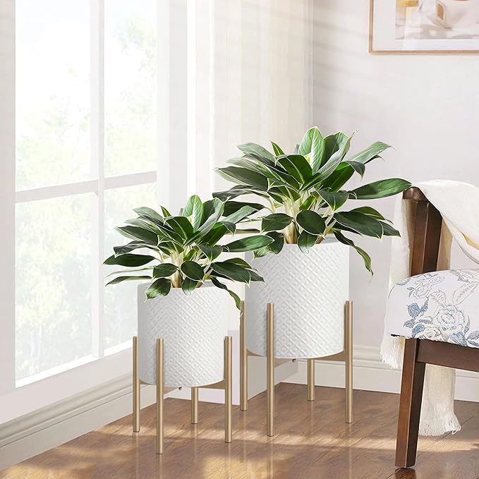 Oakrain Mid Century Planters for Indoor Plants, Metal Plant Set of 2, Modern Decorative Plant Pots for Living Room, Garden, Balcony, Cream White Planters with Glod Plant Stands, 10" & 12"