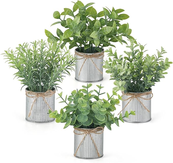 Mkono 4 Packs Small Fake Plants in Farmhouse Galvanized Pots Table Centerpiece Mini Potted Artificial Plants Faux Eucalyptus for Shelf Office Rustic Home Decor (Gray, Mini-6" H)