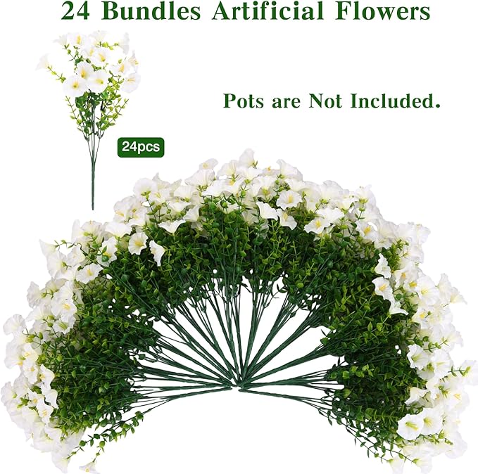 CEWOR 24 Bundles Artificial Flowers for Outdoor Indoor, Fake Silk Morning Glory with Eucalyptus Leaves, Faux Flower for Garden Front Door Porch Planter Patio Home Decor (White)