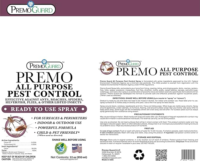 Pest Control by Premo Guard – 32 oz– Insect & Pest Spray – Bug, Roach, Fleas, Fruit Fly, Ant, Spider Killer – Effective Plant Based Formula – Child and Pet Safe – Best Natural Protection