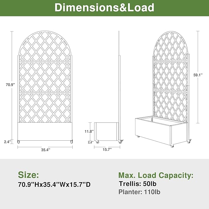 Casaphoria Metal Raised Garden Bed with Trellis and Wheels, 72"x35"x16" Planter Box for Climbing Plants, Vegetables & Vines, Features Drainage Holes and Privacy Screen (Black-Rhombus)