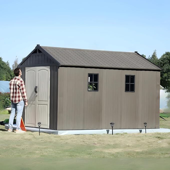 Patiowell 8 x 12 FT Plastic Outdoor Storage Shed with Floor, Resin Shed with Window and Lockable Door for Garden, Backyard, Tool Storage Use, Easy Assemble, Gray (Kick-it Shed)
